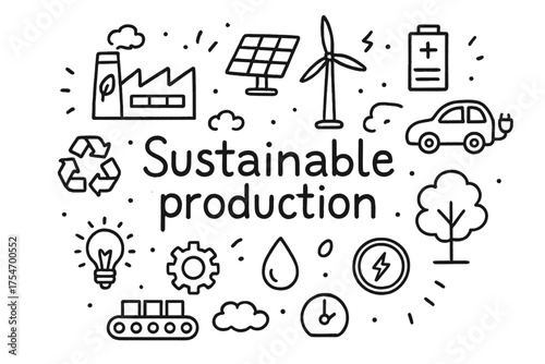 Sustainable Production Doodle. Sustainable production. Hand-drawn doodle illustration of Sustainable