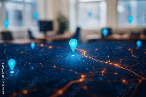 A digital map with glowing blue location pins highlighting various points of interest, overlaid on a blurred office background, suggesting a network or strategic planning concept
