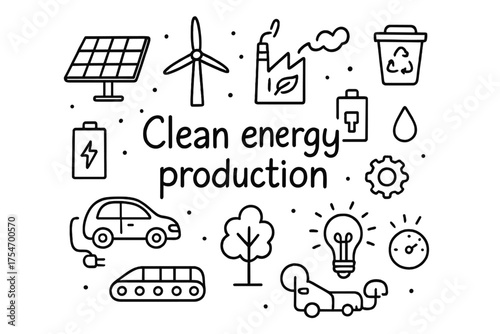 Clean Energy Doodle. Clean energy production. Hand-drawn doodle illustration of Clean energy production. Solar