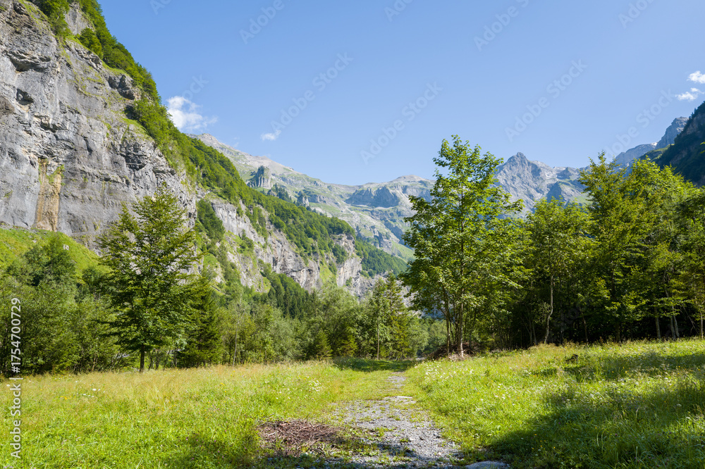 Obraz premium This landscape photo was taken in Europe, France, Auvergne-Rhone-Alpes, Haute-Savoie, Sixt-Fer-a-Cheval, in summer. It shows the hiking trail in the mountains of the Cirque du Fer-a-Cheval