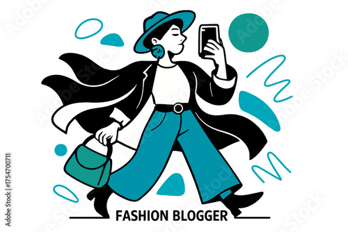 Fashion Blogger Style. Fashion Blogger. A stylish person poses with confidence, holding a phone to capture