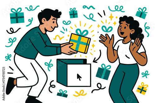 Virtual Gift Exchange. Sending gifts. A character placing a glowing package into a virtual delivery box, while