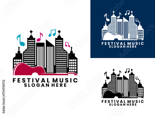 City Pop music logo design. Music festival with guitar and city logo design vector template