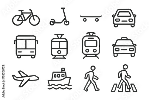 Urban Mobility Icons. Urban mobility. Line outline icon set of Urban mobility: bicycle, scooter, skateboard,
