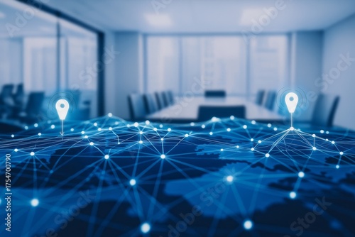 A digital network map with glowing nodes and location pins overlaid on a blurred conference room, symbolizing global connectivity, business expansion, and strategic planning in a modern setting