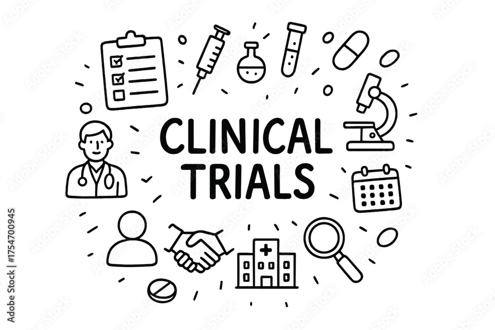 Naklejka premium Clinical Trials Doodle. Clinical Trials. Hand-drawn doodle illustration of Clinical Trials. clipboard,