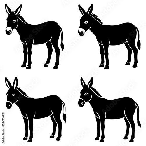 Four black and white donkey illustrations in a grid pattern against a plain white background design