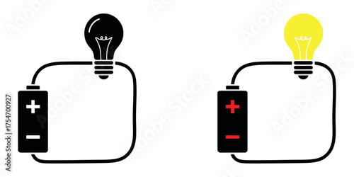 Simple electrical circuit illustration showing a light bulb connected to a battery — perfect vector illustration for physics, energy, and education concepts.
