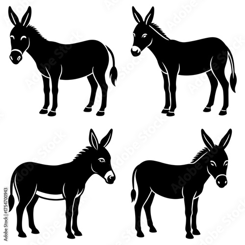 Four black and white donkey silhouettes in various poses against a white background illustration