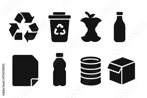 Recycling Icons Grid. Recycling. Filled icon set of Recycling: recycle arrows, trash bin, compost, glass