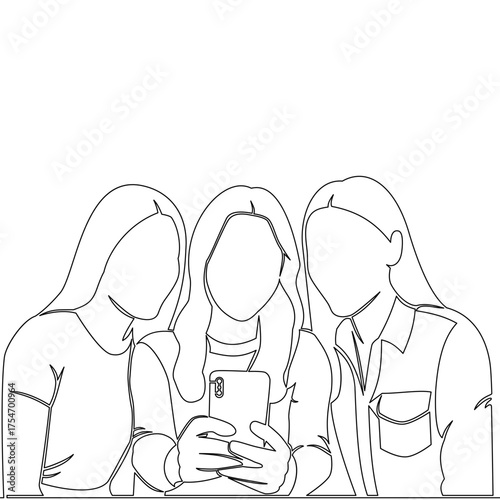 Continuous one single line drawing Three excited young women looking at smartphone screen together icon vector illustration concept