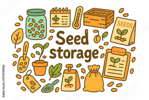 Seed Storage Doodles. Seed storage. Hand-drawn doodle illustration of Seed storage. Glass jar, metal tin,