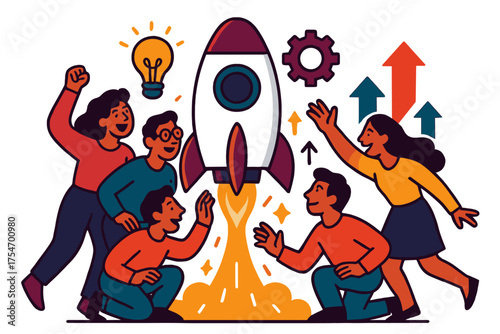 Rocket Launch Collaboration. Innovation team. Group surrounding a glowing rocket ready to launch, sparks and