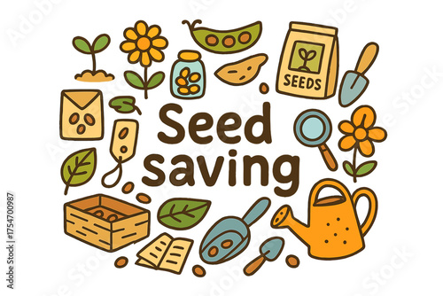 Seed Saving Doodle. Seed saving. Hand-drawn doodle illustration of Seed saving. Plant sprout, flower, seed pod