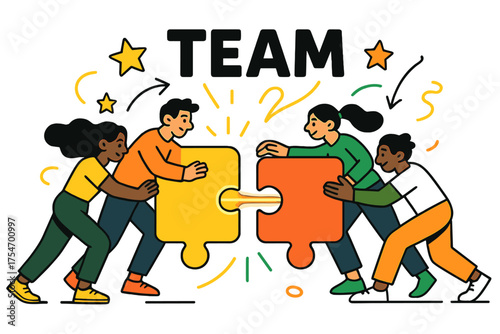 Dynamic Team Collaboration. Teamwork makes the dream work. A group of characters pushing giant puzzle pieces