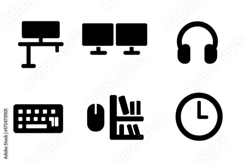Modern Workplace Icons. Modern workplace. Filled icon set of Modern workplace: standing desk, dual monitors,