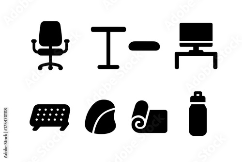 Office Ergonomics Icons. Office ergonomics. Filled icon set of Office ergonomics: office chair, standing desk,