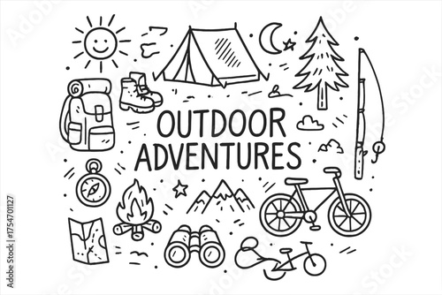 Outdoor Adventure Doodles. Outdoor Adventures. Hand-drawn doodle illustration of Outdoor Adventures. tent,