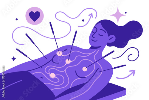 Energetic Acupuncture Art. Acupuncture. A character lying calmly with glowing energy points highlighted by