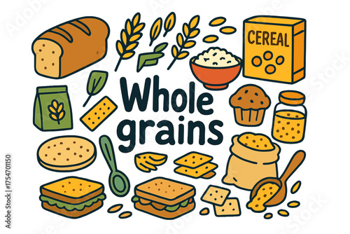 Whole Grains Doodle. Whole grains. Hand-drawn doodle illustration of Whole grains. Bread loaf, bowl of rice,