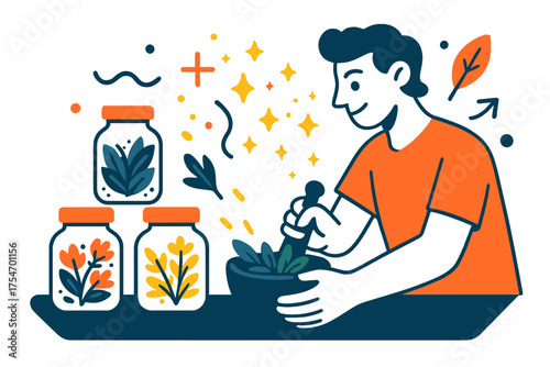 Herbal Alchemy. Herbal medicine. A table with glowing jars of dried herbs and a mortar and pestle grinding