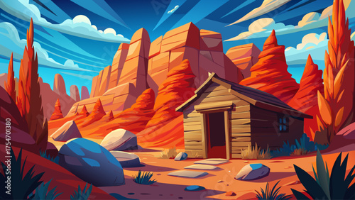 Stone cabin in desert canyon with tall red rocks, dry bushes, warm sand, and deep blue sky creating contrast, silence of wilderness and adventure