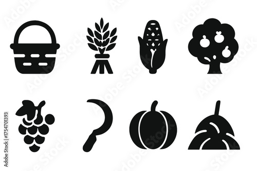 Harvest Season Icons. Harvest season. Filled icon set of Harvest season: basket, wheat bundle, corn, apple