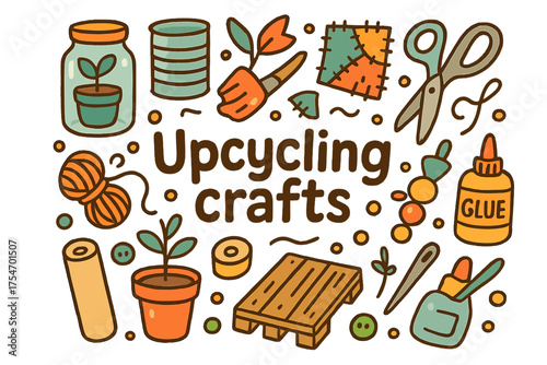 Doodle Upcycling Art. Upcycling crafts. Hand-drawn doodle illustration of Upcycling crafts. Glass jar, tin can