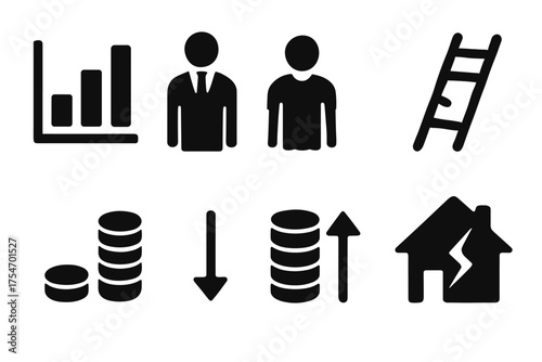 Wealth Gap Icons. Wealth gap. Filled icon set of Wealth gap: bar chart inequality, rich man, poor man, broken