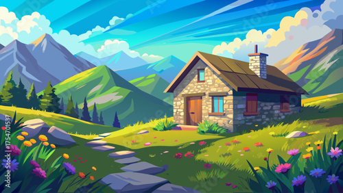 Stone cabin on a green hillside covered with wildflowers, sunlight filtering through clouds, distant mountains and blue sky, peaceful countryside feeling with soft natural shadows