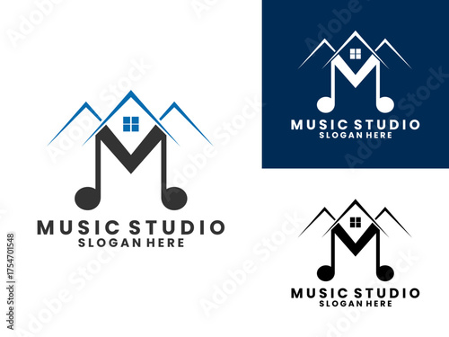 Initial letter M combination with note music and home logo design vector. Home Music logo design. Abstract music studio logo design vector template