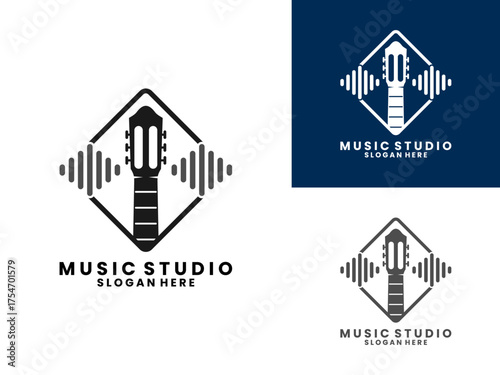 Music studio with guitar and equalizer logo design vector template