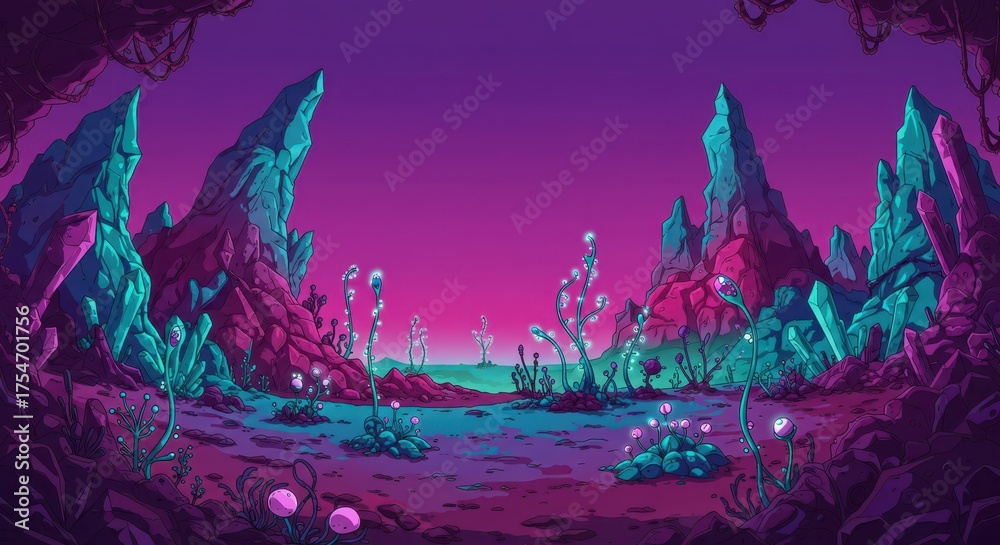Fototapeta premium Alien landscape with glowing plants and sharp crystal formations under a purple sky.