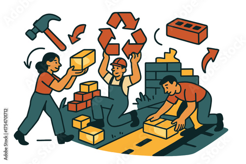 Eco-friendly Construction. Construction reuse. Characters stacking glowing recycled mining byproducts into