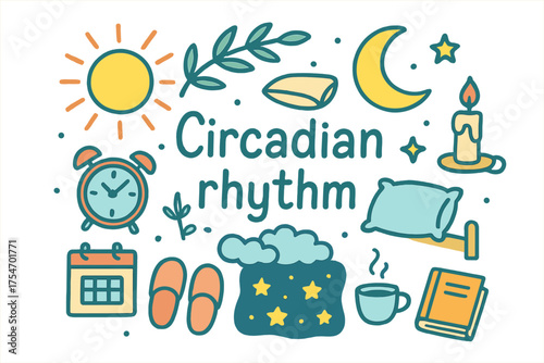Circadian Rhythm Doodle. Circadian rhythm. Hand-drawn doodle illustration of Circadian rhythm. Sun, moon,