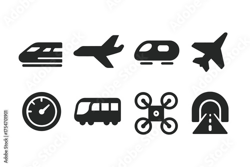 High-Speed Travel Icons. High-speed travel. Filled icon set of High-speed travel: bullet train, airplane,