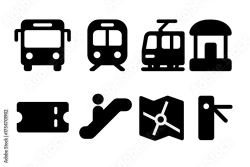 Public Transport Icons. Public transport. Filled icon set of Public transport: bus, subway train, tram,