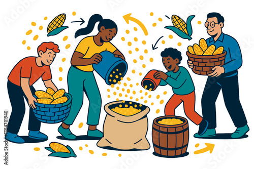 Dynamic Corn Storage. Corn storage. Family members pouring glowing kernels into sacks and barrels, while