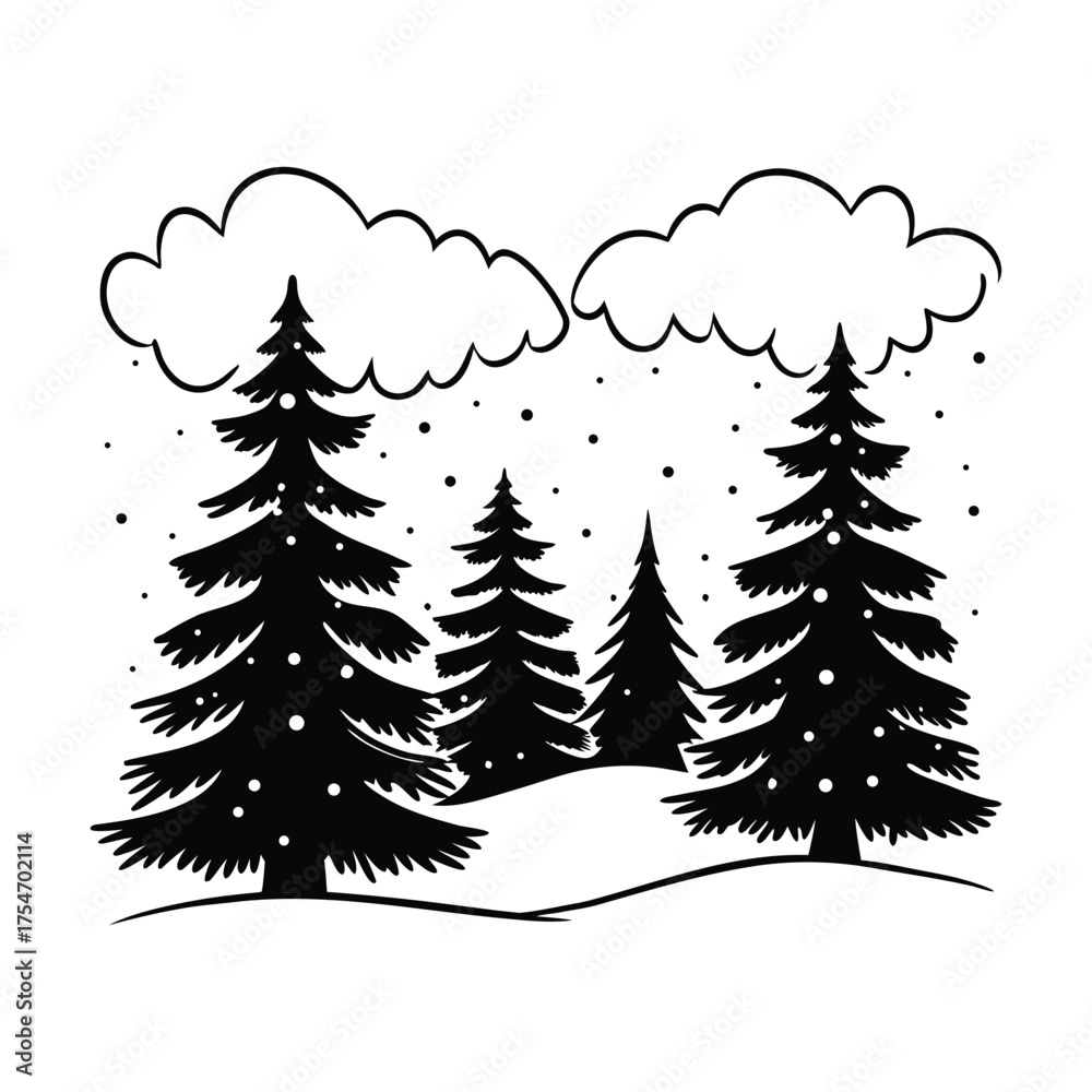 Obraz premium Winter landscape snowy pine silhouette illustration