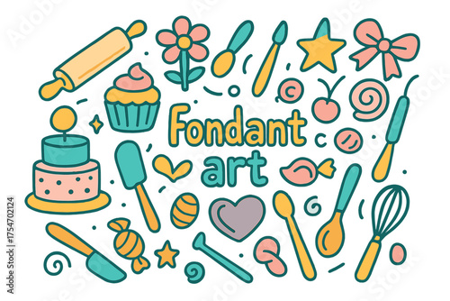 Playful Fondant Art Doodles. Fondant art. Hand-drawn doodle illustration of Fondant art. Rolling pin, fondant