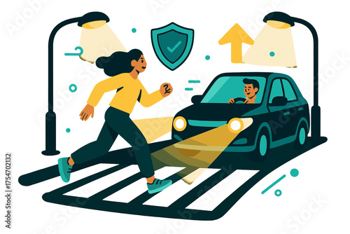 Dynamic Pedestrian Safety. Street safety. A pedestrian crossing highlighted by glowing streetlights that