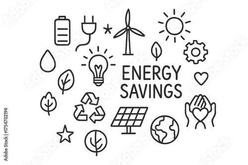 Doodle Energy Savings Icons. Energy Savings. Hand-drawn doodle illustration of Energy Savings. light bulb,