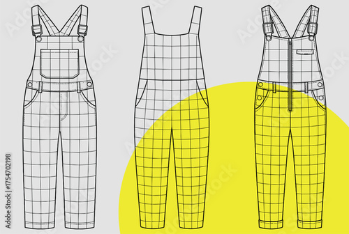 Stylish Wireframe Overalls Fashion Design Set — Digital 3D Jumpsuits and Dungarees Blueprint Illustration for Contemporary Casual Clothing