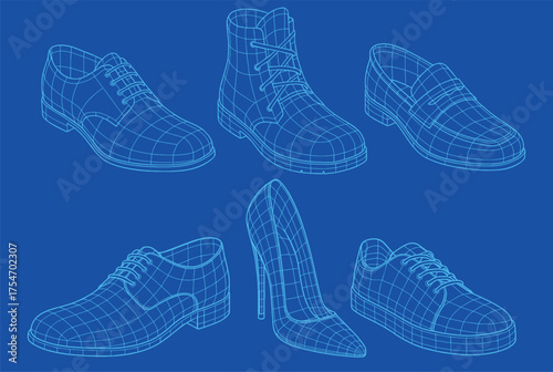 Wireframe Shoes Collection in Digital 3D Style