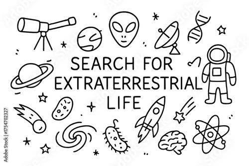 Extraterrestrial Exploration Doodle. Search for Extraterrestrial Life. Hand-drawn doodle illustration of