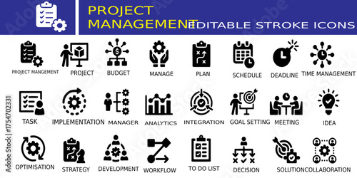 Project management checklist and gear icons representing planning strategy and workflow editable stroke graphics
