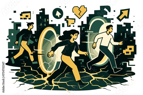 Glitchy Neon Streetscape. Glitch reality. City streets fractured with glowing cracks, characters walking