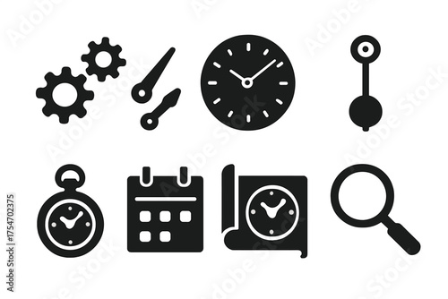 Horology Icon Collection. Horology. Filled icon set of Horology: gears, clock hands, dial face, pendulum,