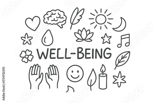 Well-Being Doodle Icons. Well-Being. Hand-drawn doodle illustration of Well-Being. heart, brain, feather,