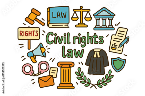 Civil Rights Doodle Art. Civil rights law. Hand-drawn doodle illustration of Civil rights law. Gavel, law book